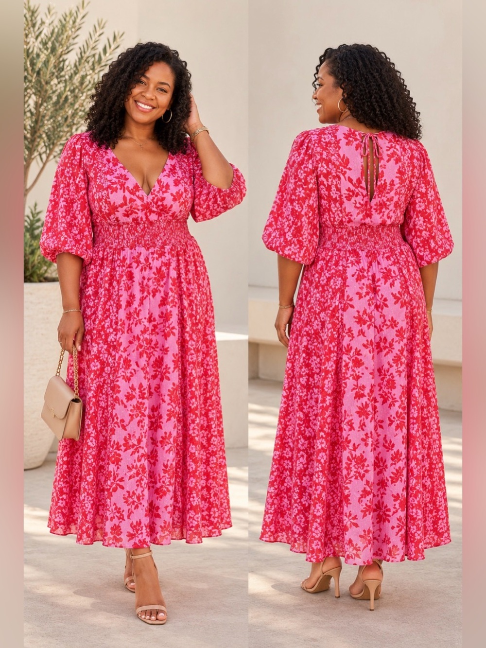 Taylor Pink & Red Floral Maxi Dress Balloon Sleeve Size 16